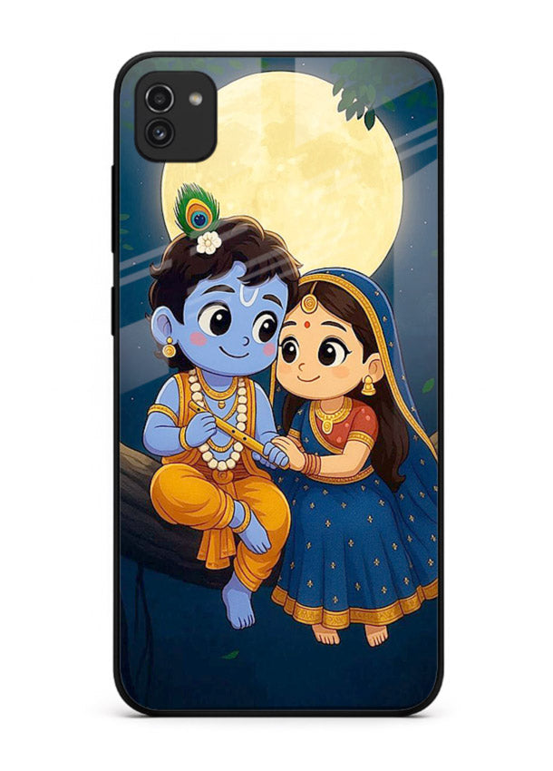 Radha Krishna moonlight romantic art Samsung A03 glass devotional theme