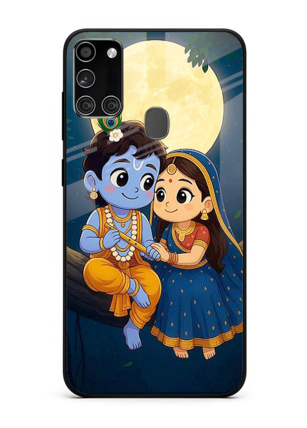 Radha Krishna moonlight romantic art Samsung A21s glass devotional theme