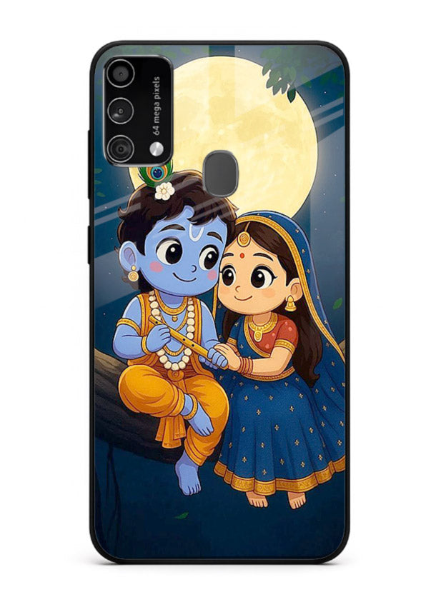 Radha Krishna moonlight romantic art Samsung F41 glass devotional theme