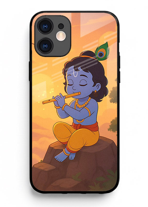 Krishna flute sunset warm tone iphone 12 mini devotional glass cover