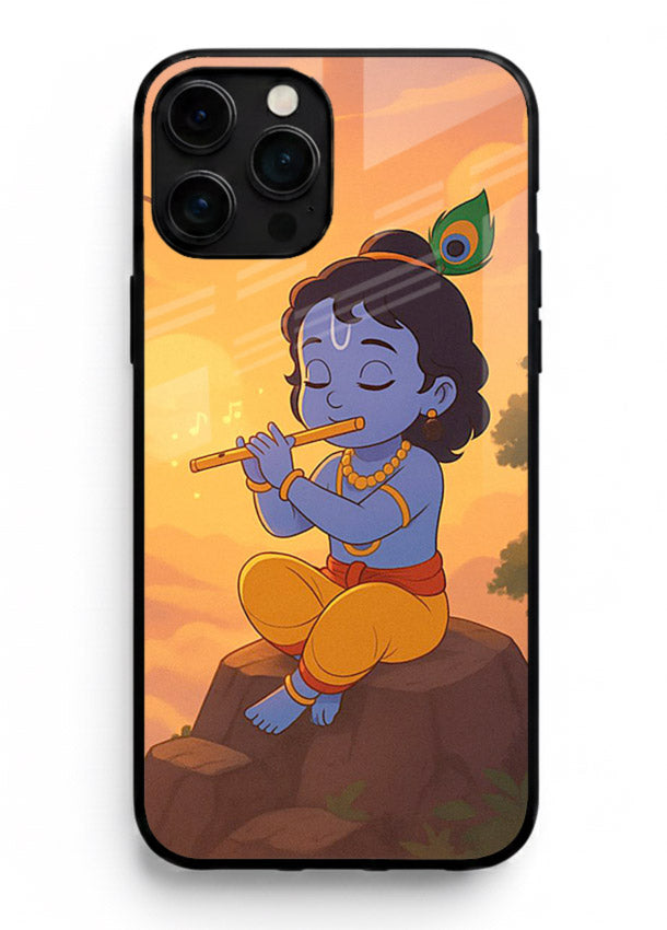 Krishna flute sunset warm tone iphone 12 pro max devotional glass cover