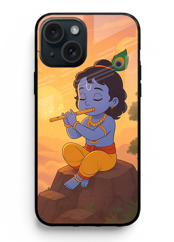 Krishna flute sunset warm tone iphone 14 plus devotional glass cover