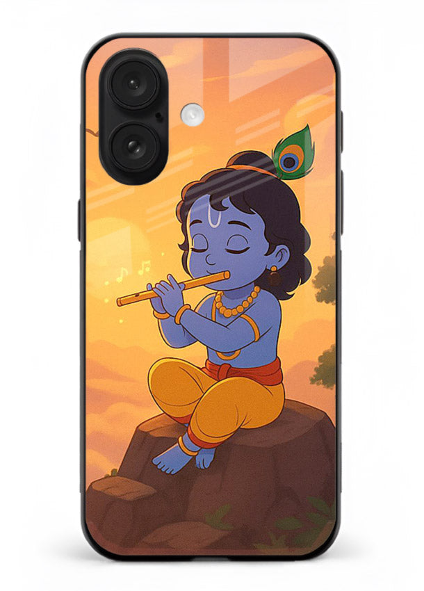Krishna flute sunset warm tone iphone 17 devotional glass cover