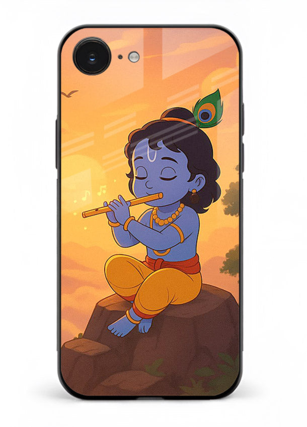 Krishna flute sunset warm tone iphone 16e devotional glass cover