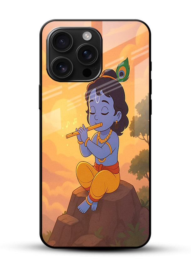 Krishna flute sunset warm tone glossy vibrant premium devotional glass cover - Angle Front