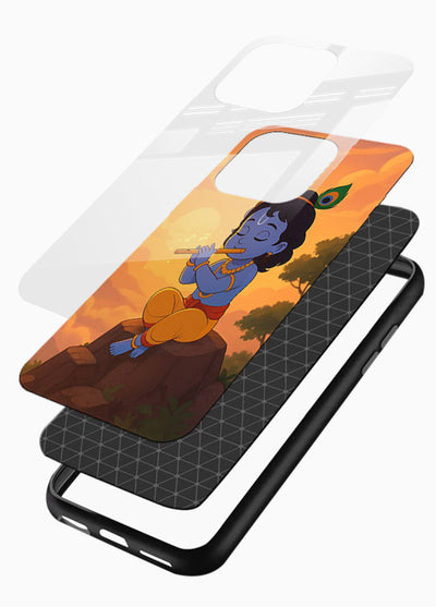 Krishna flute sunset warm tone glossy vibrant premium devotional glass cover - Angle Layers