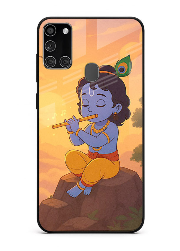 Krishna flute sunset warm tone Samsung A21s devotional glass cover