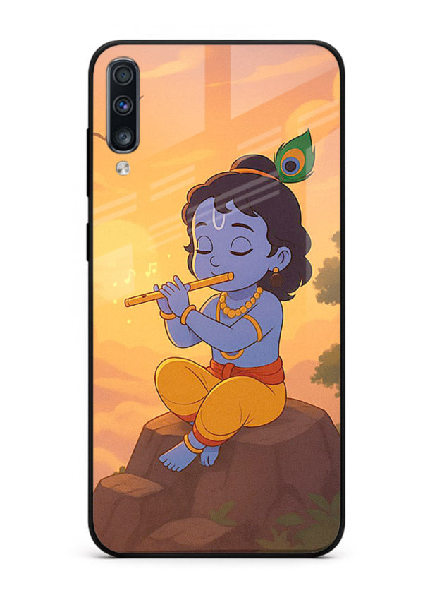 Krishna flute sunset warm tone Samsung A50 devotional glass cover