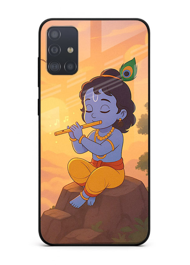 Krishna flute sunset warm tone Samsung A71 devotional glass cover