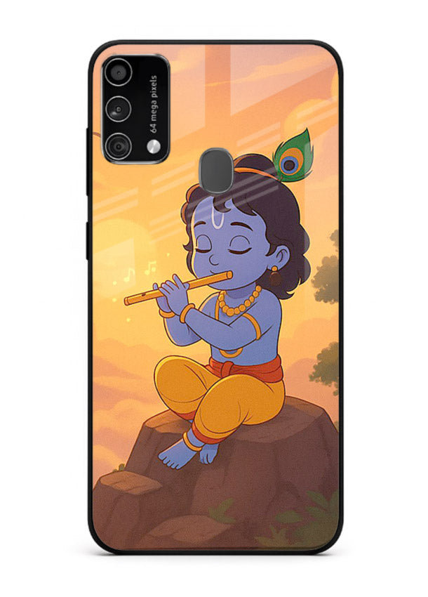 Krishna flute sunset warm tone Samsung F41 devotional glass cover