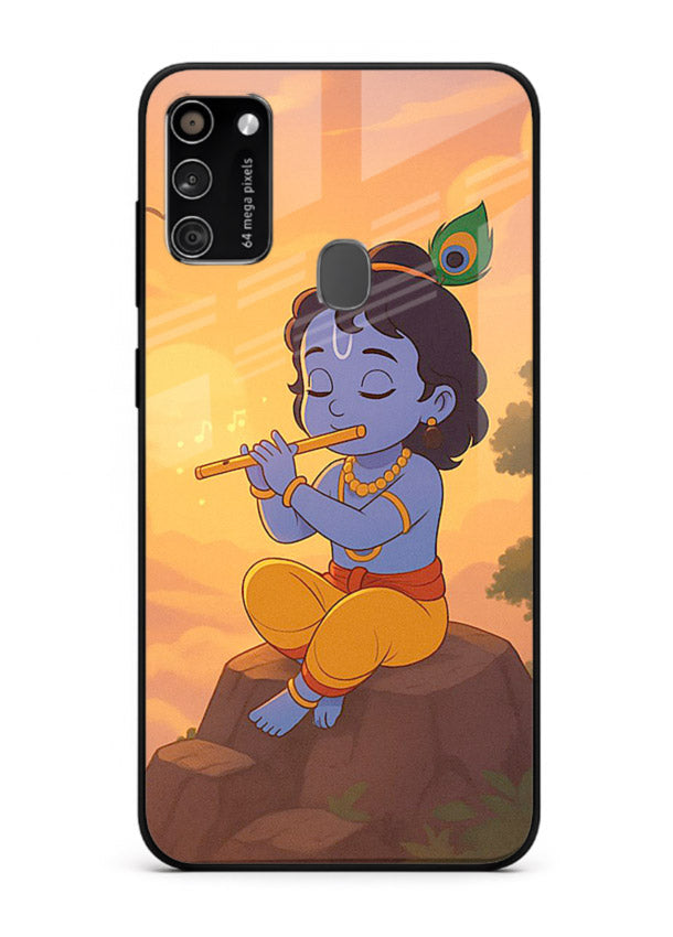 Krishna flute sunset warm tone Samsung M30s devotional glass cover