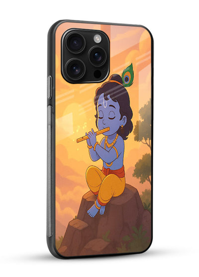 Krishna flute sunset warm tone glossy vibrant premium devotional glass cover - Angle Side