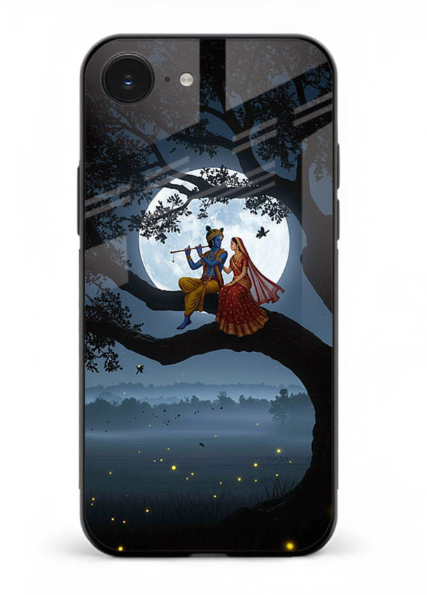 Krishna on moon swing night vibe iphone 16e glass dreamy devotional case