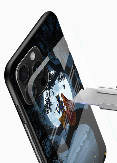 Krishna on moon swing night vibe glossy vibrant premium glass dreamy devotional case - Angle Blade