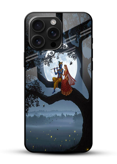 Krishna on moon swing night vibe glossy vibrant premium glass dreamy devotional case - Angle Front