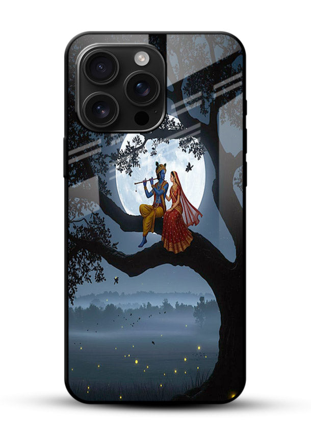 Krishna on moon swing night vibe glossy vibrant premium glass dreamy devotional case - Angle Front