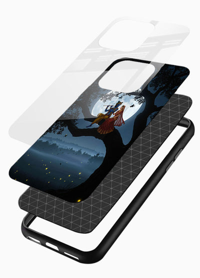 Krishna on moon swing night vibe glossy vibrant premium glass dreamy devotional case - Angle Layers