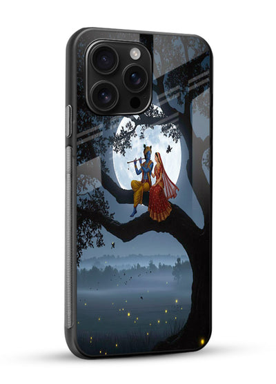 Krishna on moon swing night vibe glossy vibrant premium glass dreamy devotional case - Angle Side