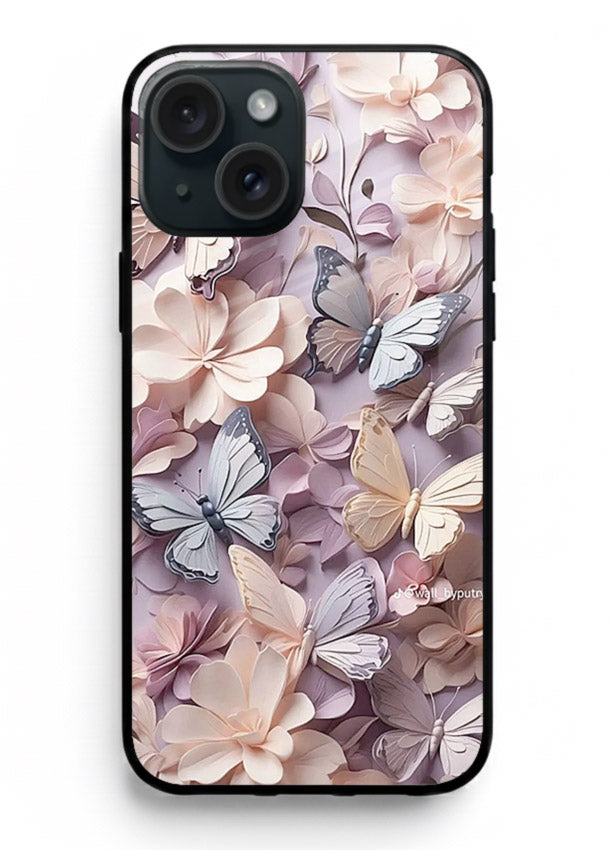 Lavender petal artwork on iphone 14 glass back cover with calming floral tones.