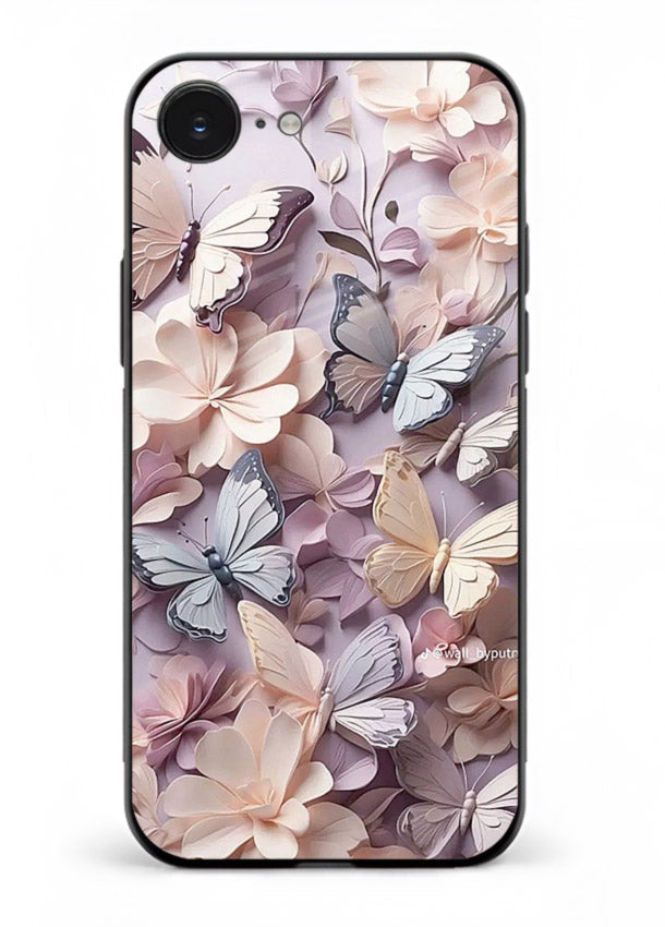 Lavender petal artwork on iphone 16e glass back cover with calming floral tones.