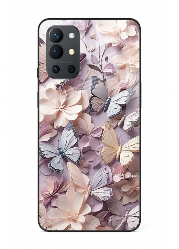 Lavender petal artwork on OnePlus 9R glass back cover with calming floral tones.