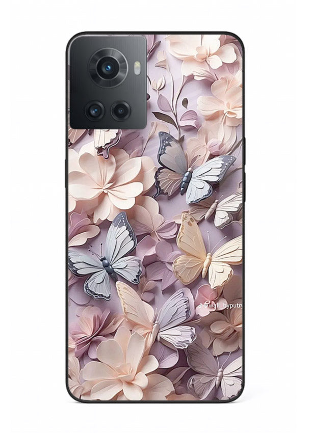 Lavender petal artwork on OnePlus 10R glass back cover with calming floral tones.