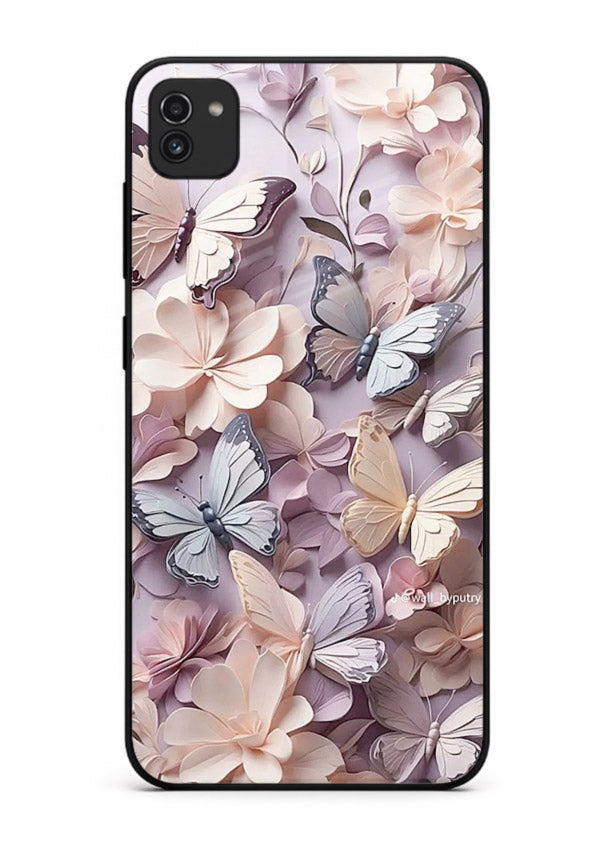 Lavender petal artwork on Samsung A03 glass back cover with calming floral tones.