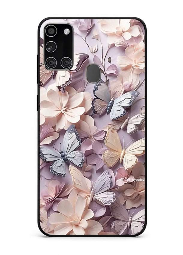 Lavender petal artwork on Samsung A21s glass back cover with calming floral tones.