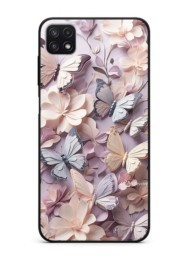 Lavender petal artwork on Samsung F42 5G glass back cover with calming floral tones.