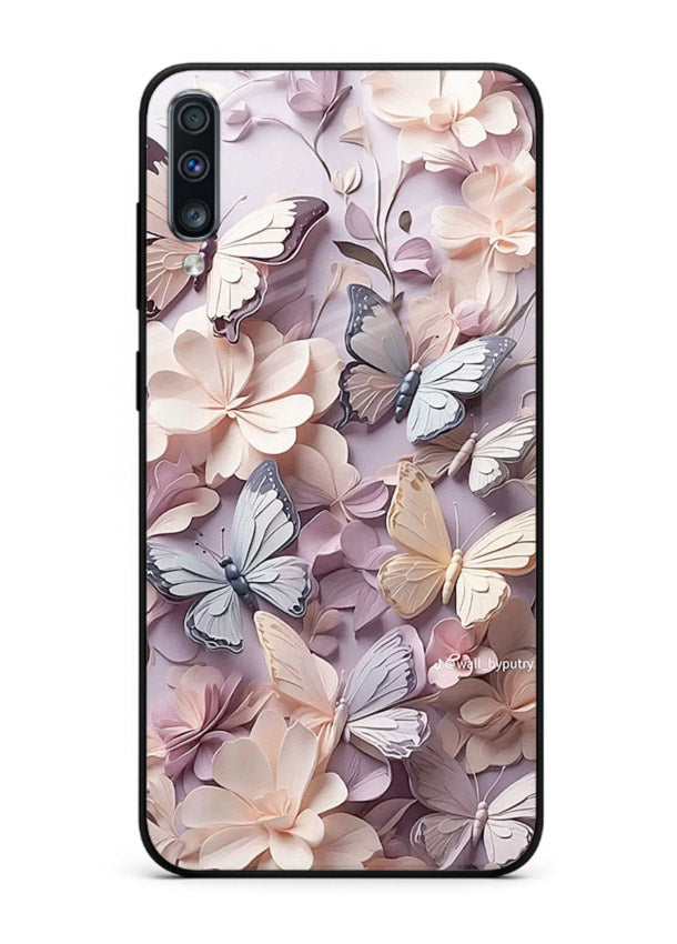 Lavender petal artwork on Samsung A70 glass back cover with calming floral tones.