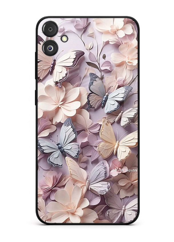 Lavender petal artwork on Samsung F04 5G glass back cover with calming floral tones.