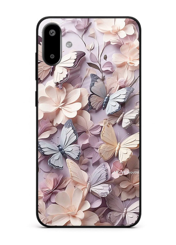 Lavender petal artwork on Samsung F06 5G glass back cover with calming floral tones.