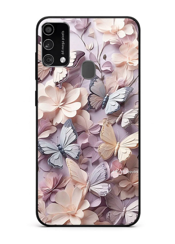 Lavender petal artwork on Samsung F41 glass back cover with calming floral tones.