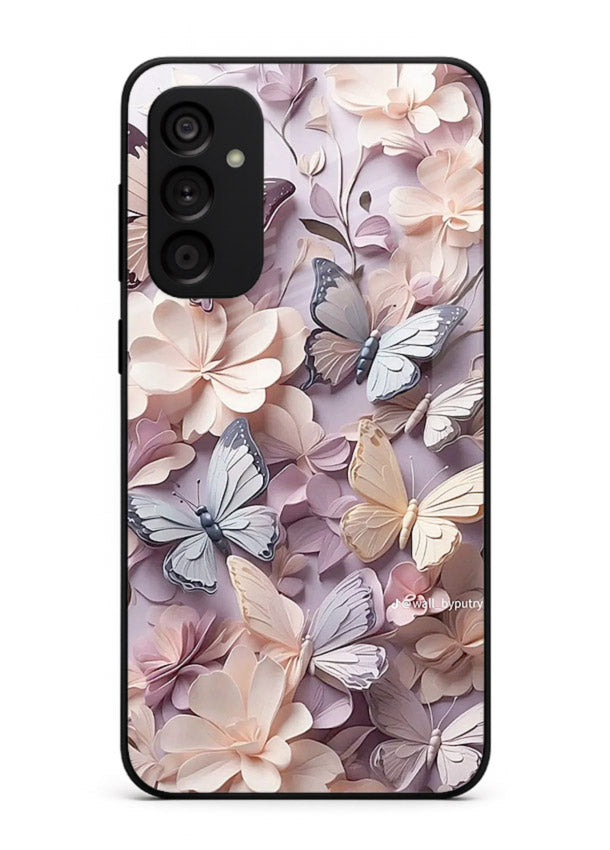 Lavender petal artwork on Samsung M15 5G glass back cover with calming floral tones.