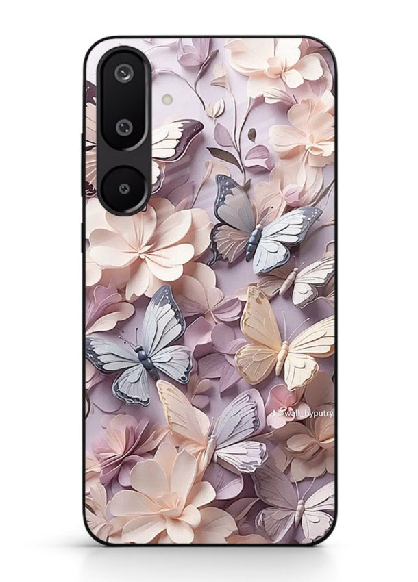 Lavender petal artwork on Samsung M16 5G glass back cover with calming floral tones.
