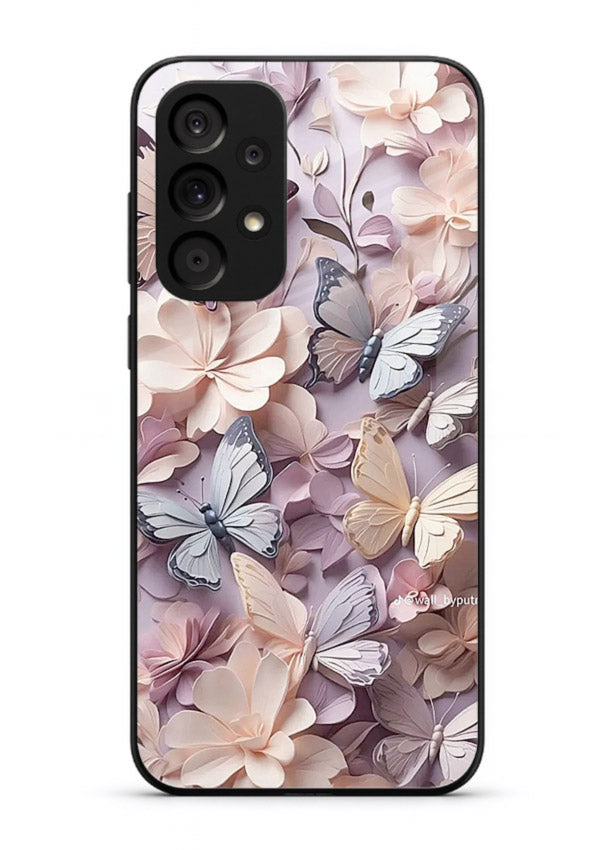 Lavender petal artwork on Samsung A33 5G glass back cover with calming floral tones.