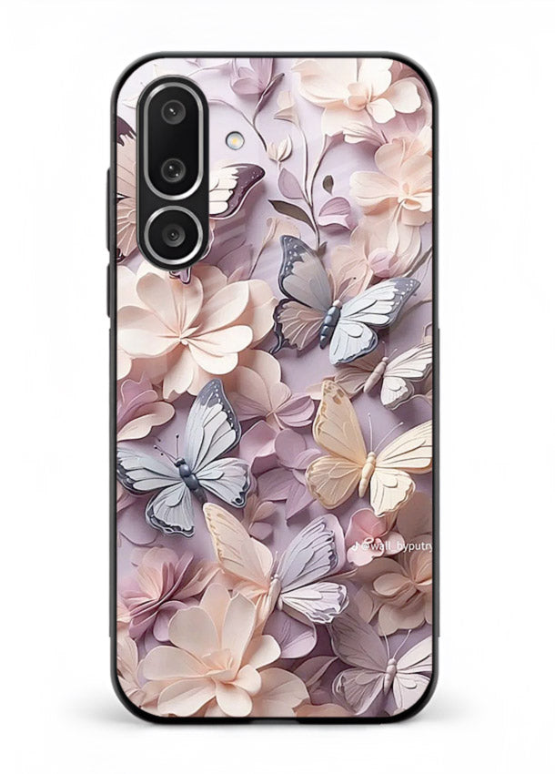 Lavender petal artwork on Samsung M36 5G glass back cover with calming floral tones.