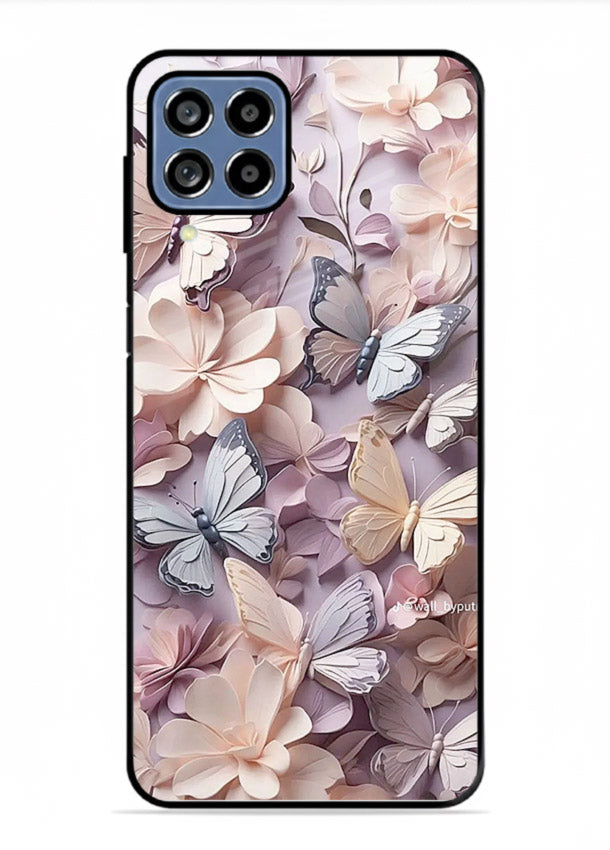 Lavender petal artwork on Samsung F62 glass back cover with calming floral tones.