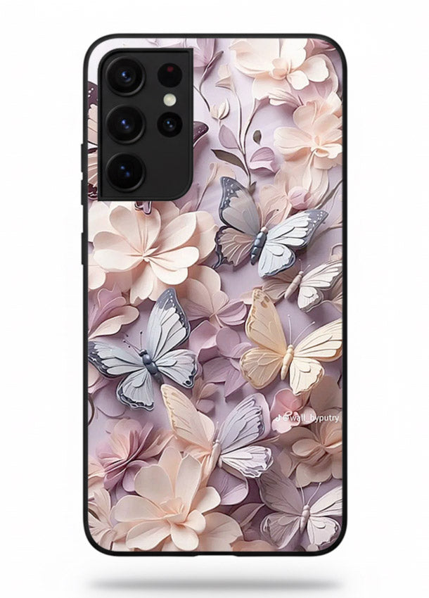 Lavender petal artwork on Samsung S21 Ultra glass back cover with calming floral tones.