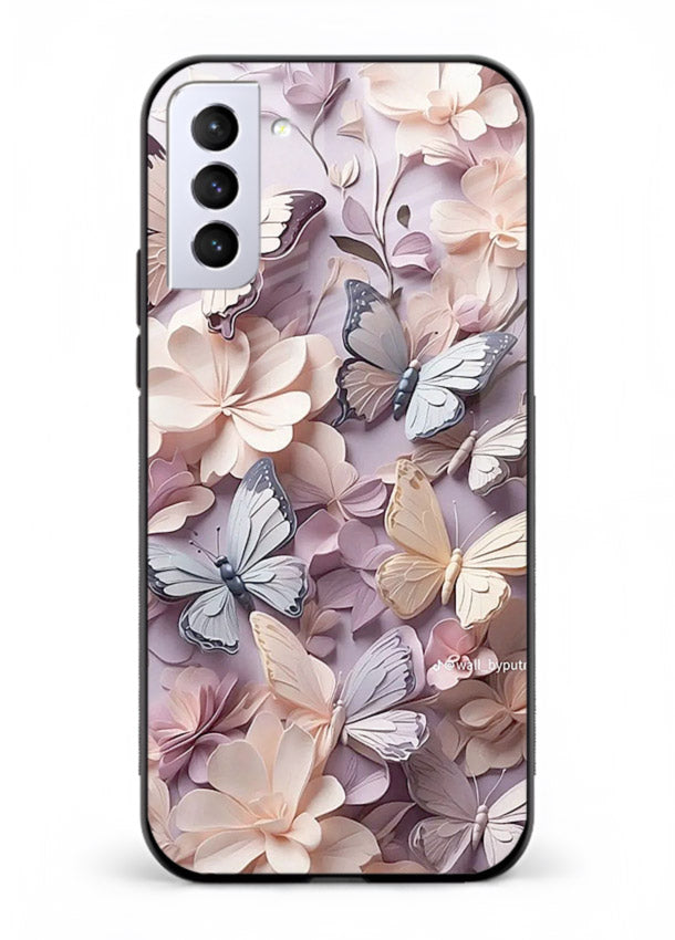 Lavender petal artwork on Samsung S21 FE glass back cover with calming floral tones.