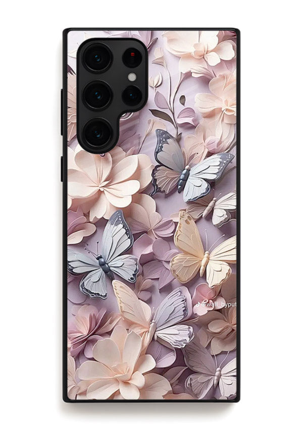 Lavender petal artwork on Samsung S24 Ultra glass back cover with calming floral tones.