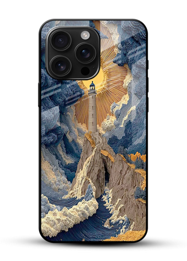 Lighthouse Storm Glory dramatic lighthouse artwork glossy vibrant premium glass back cover - Angle Front