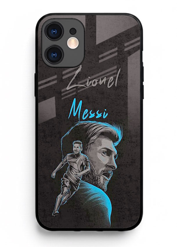 Lionel Messi portrait artwork printed on glossy tempered glass iPhone 12 Mini back cover