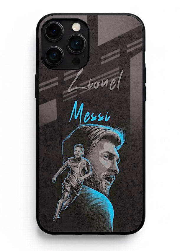 Lionel Messi portrait artwork printed on glossy tempered glass iPhone 14 Pro Max back cover