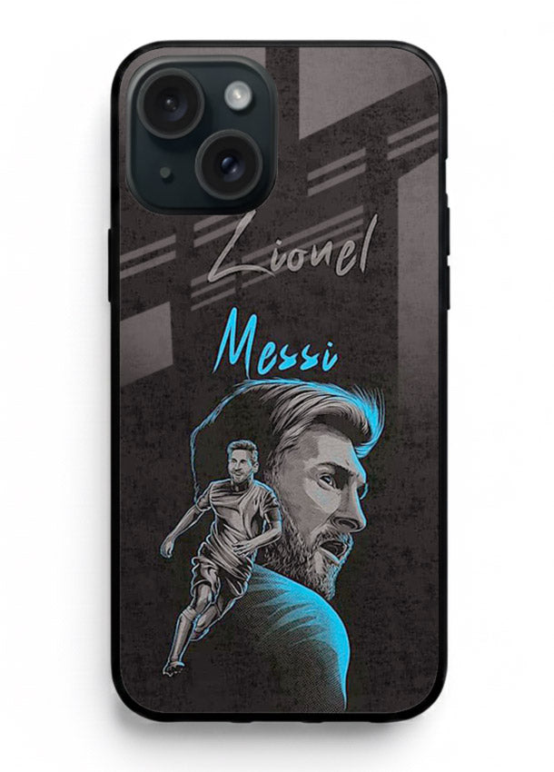 Lionel Messi portrait artwork printed on glossy tempered glass iPhone 15 back cover