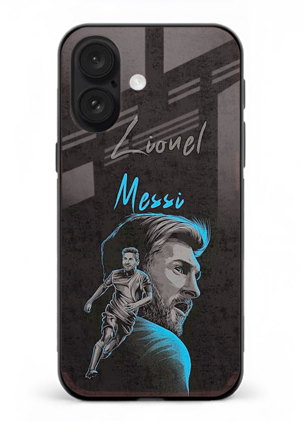 Lionel Messi portrait artwork printed on glossy tempered glass iPhone 17 back cover