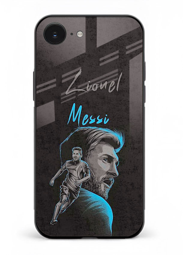 Lionel Messi portrait artwork printed on glossy tempered glass iPhone 16E back cover