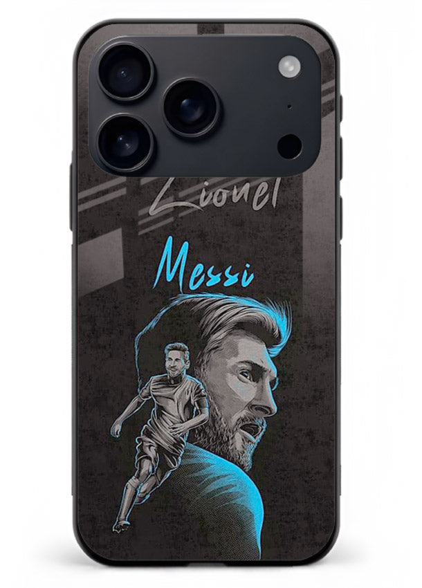 Lionel Messi portrait artwork printed on glossy tempered glass iPhone 18 Pro Max back cover