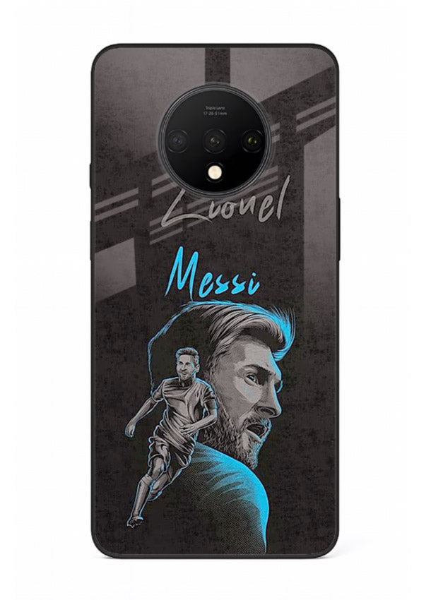 Lionel Messi portrait artwork printed on glossy tempered glass OnePlus 7T back cover