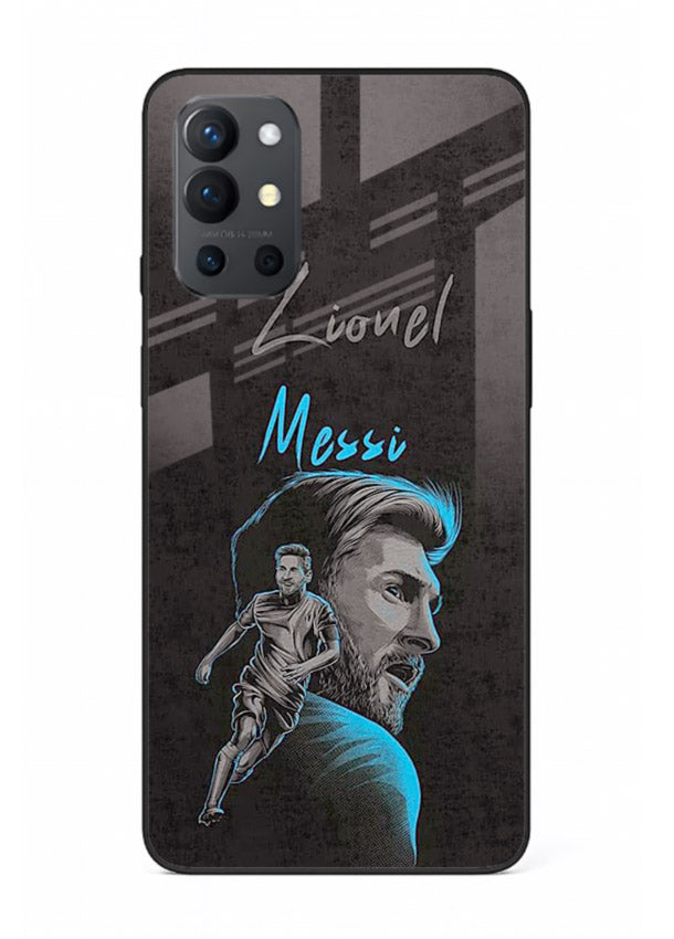 Lionel Messi portrait artwork printed on glossy tempered glass OnePlus 9R back cover